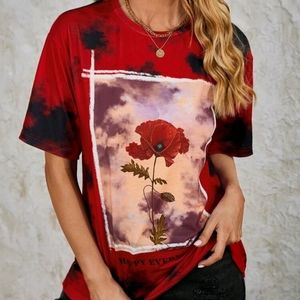 SHEIN LUNE Tie Dye Slogan & Floral Print Drop Shoulder Tee